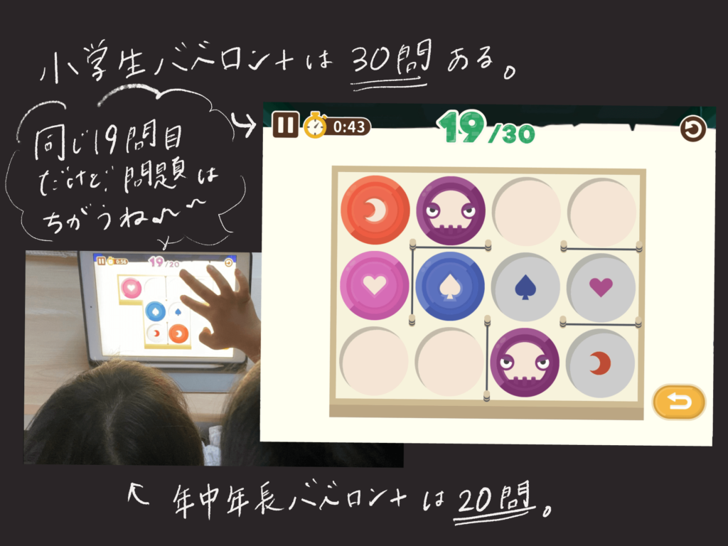 小学生向け体験版アプリ、バベロンプラスの画面。左上の制限時間、30問中19問目の問題。月、ハート、スペードのイラスト。左下には、年中年長用の体験版アプリバベロンプラスで遊ぶ二人の子供の写真。